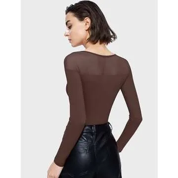PUMIEY Long Sleeve Body Suits for Womens Crew Neck Mesh Bodysuit Sexy Tops, Chocolate X-Small