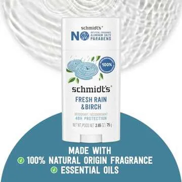 Schmidt's Aluminum-Free Vegan Deodorant Fresh Rain & Birch with 24 Hour Odor Protection, 2 Count for Women and Men, Natural Ingredients, Cruelty-Free, 2.65 oz
