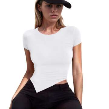 WAYMAKER Women's Gym Tops Short Sleeve Crew Neck Ruched Stretch Fitted Tee Shirts Tops (2pcs Black+White,Small)