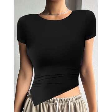 WAYMAKER Women's Gym Tops Short Sleeve Crew Neck Ruched Stretch Fitted Tee Shirts Tops (2pcs Black+White,Small)