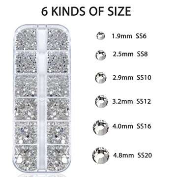 Nail Art Rhinestones Kit HUETFAT 2400pcs Nail Gems Crystal Clear Flatback Rhinestones Gems Stones, with Storage Organizer Box/Wax Pencil/Tweezers 6 Sizes (1.9-4.5 mm) for Nail Art Craft