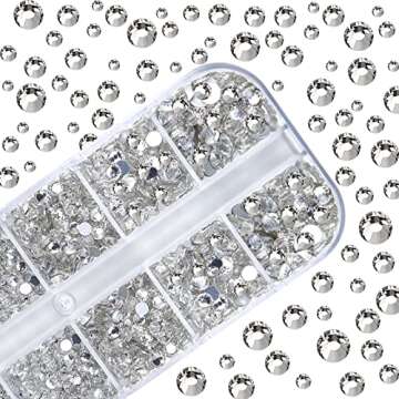Nail Art Rhinestones Kit HUETFAT 2400pcs Nail Gems Crystal Clear Flatback Rhinestones Gems Stones, with Storage Organizer Box/Wax Pencil/Tweezers 6 Sizes (1.9-4.5 mm) for Nail Art Craft