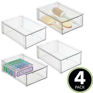 mDesign Plastic Stackable Bathroom Storage Organizer Bin with Pull Out Drawer for Cabinet, Vanity, Shelf, Cupboard, Cabinet, or Closet Organization - Lumiere Collection - 4 Pack - Clear