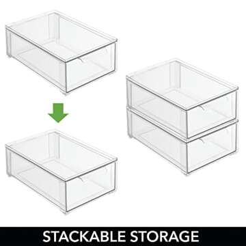 mDesign Plastic Stackable Bathroom Storage Organizer Bin with Pull Out Drawer for Cabinet, Vanity, Shelf, Cupboard, Cabinet, or Closet Organization - Lumiere Collection - 4 Pack - Clear