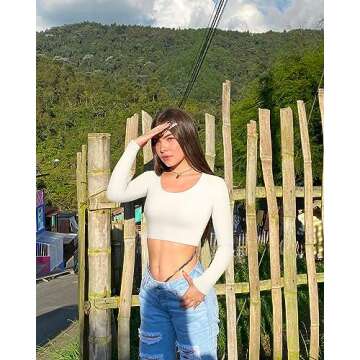 OQQ Women's 3 Piece Crop Tops Long Sleeve Round Neck Stretch Fitted Underscrubs Shirts Crop Tops Black Pea Green Beige