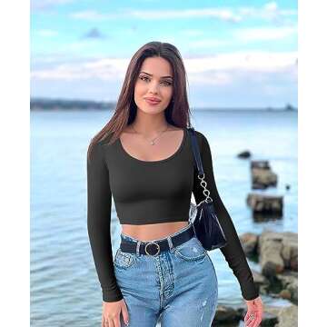 OQQ Women's 3 Piece Crop Tops Long Sleeve Round Neck Stretch Fitted Underscrubs Shirts Crop Tops Black Pea Green Beige