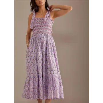 Women Y2k Summer Flowy Maxi Sundress Boho Floral Smocked Beach Dress Cute Shoulder Tie Spaghetti Strap Long Dresses Purple