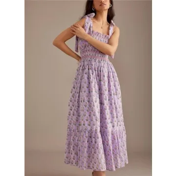 Women Y2k Summer Flowy Maxi Sundress Boho Floral Smocked Beach Dress Cute Shoulder Tie Spaghetti Strap Long Dresses Purple