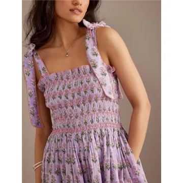 Women Y2k Summer Flowy Maxi Sundress Boho Floral Smocked Beach Dress Cute Shoulder Tie Spaghetti Strap Long Dresses Purple