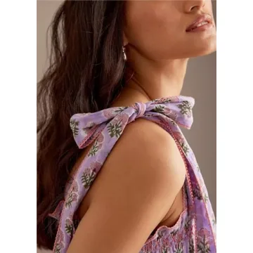 Women Y2k Summer Flowy Maxi Sundress Boho Floral Smocked Beach Dress Cute Shoulder Tie Spaghetti Strap Long Dresses Purple