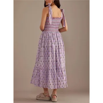 Women Y2k Summer Flowy Maxi Sundress Boho Floral Smocked Beach Dress Cute Shoulder Tie Spaghetti Strap Long Dresses Purple