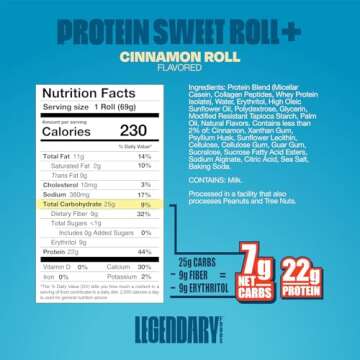Legendary Foods 22g Protein Cinnamon Roll - Premium High Protien Bars, Low Carb Meal Replacement Snack, Low Glycemic Index, Gluten Free Snacks - Sweet Zero Sugar, Keto and Diabetic Friendly 10-Pack