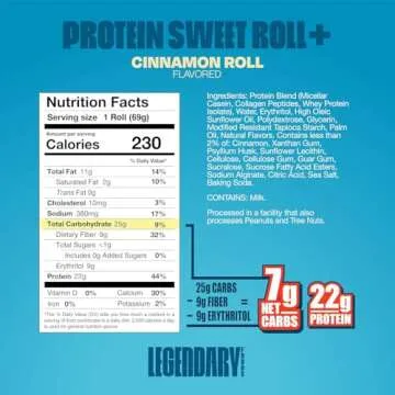 Legendary Foods 22g Protein Cinnamon Roll - Premium High Protien Bars, Low Carb Meal Replacement Snack, Low Glycemic Index, Gluten Free Snacks - Sweet Zero Sugar, Keto and Diabetic Friendly 10-Pack