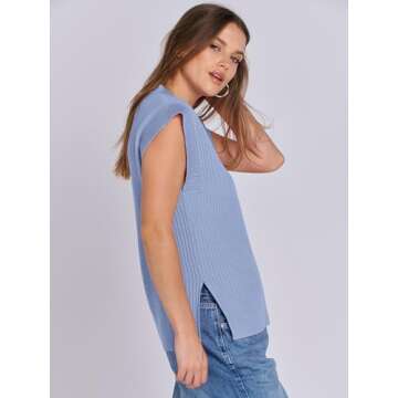 ANRABESS Womens V Neck Sweater Vest Oversized Sleeveless Tops Casual Ribbed Knit Loose 2025 Summer Tank Top Outfits Clothes Blue Medium