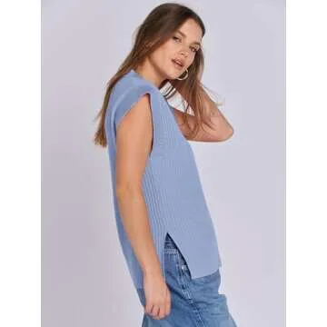 ANRABESS Womens V Neck Sweater Vest Oversized Sleeveless Tops Casual Ribbed Knit Loose 2025 Summer Tank Top Outfits Clothes Blue Medium