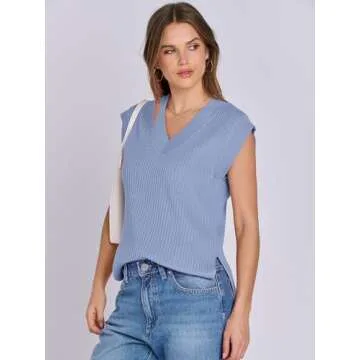 ANRABESS Womens V Neck Sweater Vest Oversized Sleeveless Tops Casual Ribbed Knit Loose 2025 Summer Tank Top Outfits Clothes Blue Medium