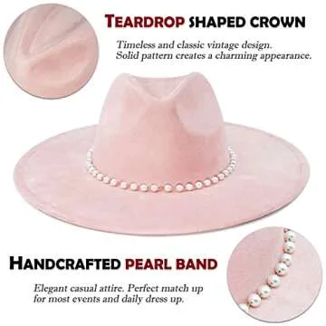 FLUFFY SENSE. Big Wide Brim Fedora Hat for Women - Nashville Outfits Western Hats Women's Felt Panama Rancher Hat (Rose Pink)