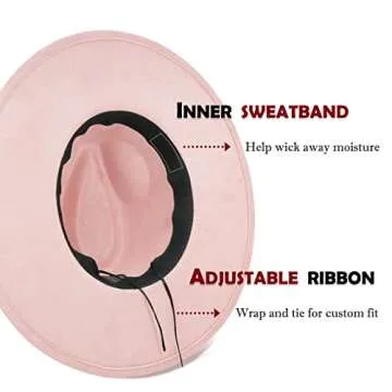 FLUFFY SENSE. Big Wide Brim Fedora Hat for Women - Nashville Outfits Western Hats Women's Felt Panama Rancher Hat (Rose Pink)