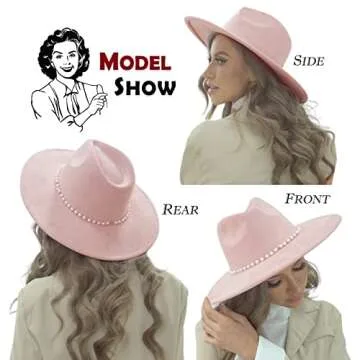 FLUFFY SENSE. Big Wide Brim Fedora Hat for Women - Nashville Outfits Western Hats Women's Felt Panama Rancher Hat (Rose Pink)