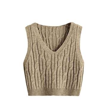Romwe Women's Cable Knit Crop Sweater Vest - Mocha Brown