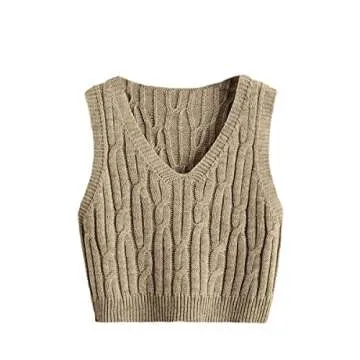 Romwe Women's Cable Knit Crop Sweater Vest - Mocha Brown