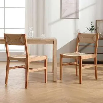 Rattan Dining Chair Set of 2, Boho Farmhouse Cane Chair, Wooden Dining Chairs with Natural Legs, Armless Kitchen Chairs with Natural Weave Seagrass Backrest and Seat