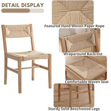 Rattan Dining Chair Set of 2, Boho Farmhouse Cane Chair, Wooden Dining Chairs with Natural Legs, Armless Kitchen Chairs with Natural Weave Seagrass Backrest and Seat