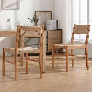 Rattan Dining Chair Set of 2, Boho Farmhouse Cane Chair, Wooden Dining Chairs with Natural Legs, Armless Kitchen Chairs with Natural Weave Seagrass Backrest and Seat