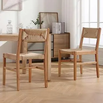 Rattan Dining Chair Set of 2, Boho Farmhouse Cane Chair, Wooden Dining Chairs with Natural Legs, Armless Kitchen Chairs with Natural Weave Seagrass Backrest and Seat