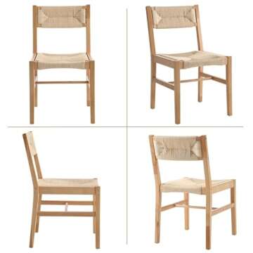 Rattan Dining Chair Set of 2, Boho Farmhouse Cane Chair, Wooden Dining Chairs with Natural Legs, Armless Kitchen Chairs with Natural Weave Seagrass Backrest and Seat