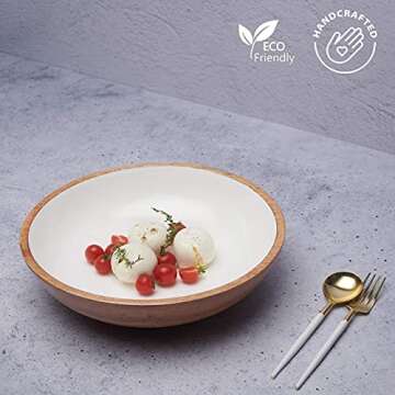 Wooden Serving Bowls for Parties or Large Salad Bowls, 12 inch and 11 inch Pasta Serving Bowls with Salad Spoons and Fork, Set of 2 Shallow Bowls, White