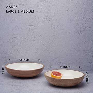 Wooden Serving Bowls for Parties or Large Salad Bowls, 12 inch and 11 inch Pasta Serving Bowls with Salad Spoons and Fork, Set of 2 Shallow Bowls, White