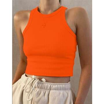 MISSACTIVER Women Basic Sleeveless Vest Crop Tank Top Casual Crew Neck Binding Crop Top (Medium, Ora...