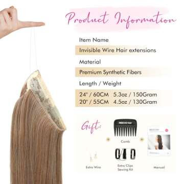 REECHO Invisible Wire Hair Extensions with Transparent Headband Adjustable Size Removable Secure Cli...