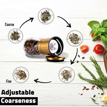 Grinder Set - Golden Salt and Pepper Shaker Mill - Brass Pepper Grinders Refillable - Adjustable Coarseness - Sea Salt, Black Peppercorn