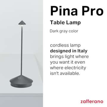 Zafferano Pina Pro Rechargeable Cordless Table Lamp - Touch Control - Indoor/Outdoor - 11.4 Inches, ...