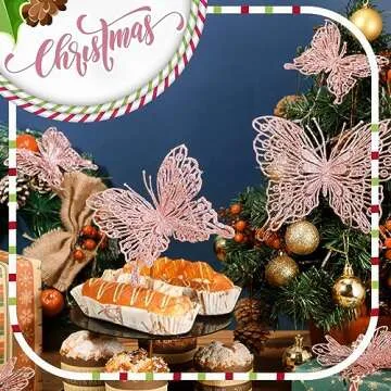 Jutom 36 Pcs Christmas Tree Butterfly Decorations 3 Sizes 3D Glitter Hollow Butterfly Ornaments Hanging Butterfly Wall Decor with Clips and Stems for Christmas Tree Wreaths Decor (Rose Gold)