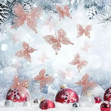 Jutom 36 Pcs Christmas Tree Butterfly Decorations 3 Sizes 3D Glitter Hollow Butterfly Ornaments Hanging Butterfly Wall Decor with Clips and Stems for Christmas Tree Wreaths Decor (Rose Gold)