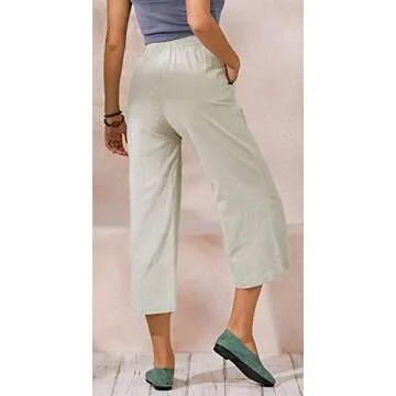 ECUPPER Womens Casual Loose Elastic Waist Cotton Trouser Cropped Wide Leg Pants Natural 12-14