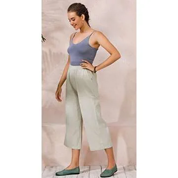 ECUPPER Womens Casual Loose Elastic Waist Cotton Trouser Cropped Wide Leg Pants Natural 12-14
