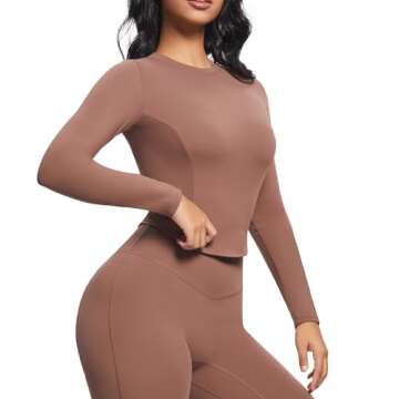 Aoxjox Long Sleeve T-Shirt for Women GEO Seamlines Padded Baby Tee Workout Crop Top with Built-in Bra (Fudge Coffee, Small)