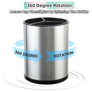 LIBODOUR Kitchen Utensil Holder Extra Large 360°Rotating For Counter Organizer Stainless Steel Storage Cooking Silverware Caddy 3 Compartment Flatware Spoon Spatula Tool Cutlery Container（Silvery）