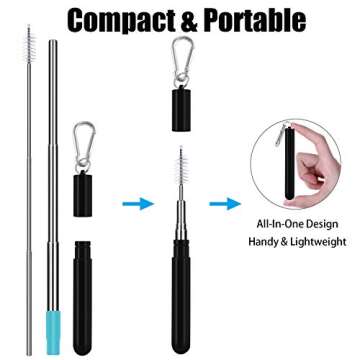 Metal Straws, Funbiz 3 Pack Reusable Collapsible Stainless Steel Straw with Plastic Case Silicone Tip and Long Cleaning Brush, Telescopic Portable Pocket Drinking Straws for Travel, Black/White/Grey