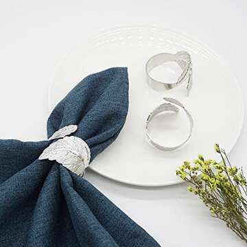 Utalek Silver Leaf Napkin Rings Set of 6, Leaves Napkin Rings for Table Setting, Metal Leaf Napkin H...