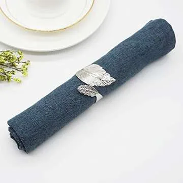 Utalek Silver Leaf Napkin Rings Set of 6, Leaves Napkin Rings for Table Setting, Metal Leaf Napkin Holder Rings for Holiday Party, Wedding, Banquet, Formal or Casual Dinning Table Decor (Silver)