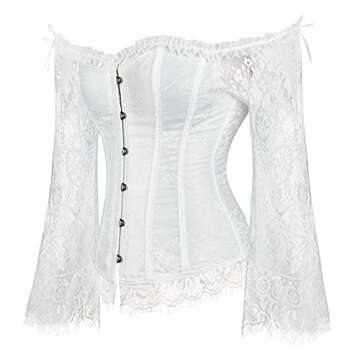 SZIVYSHI Women's Overbust Lace up Back Corset with Shoulder Sleeve,White,L(Waist:70cm)