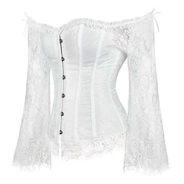 SZIVYSHI Women's Overbust Lace up Back Corset with Shoulder Sleeve,White,L(Waist:70cm)