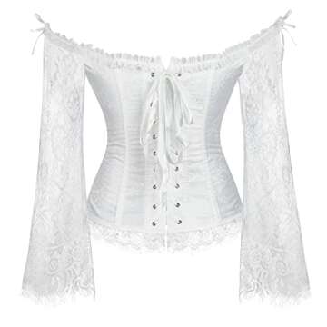 SZIVYSHI Women's Overbust Lace up Back Corset with Shoulder Sleeve,White,L(Waist:70cm)