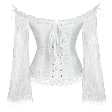 SZIVYSHI Women's Overbust Lace up Back Corset with Shoulder Sleeve,White,L(Waist:70cm)