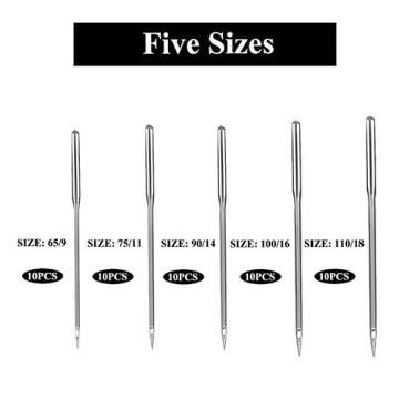 PECULA Sewing Machine Needles, 50 Count, Universal Regular Point for Singer, Brother, Janome, Varmax, Sizes HAX1 65/9, 75/11, 90/14, 100/16, 110/18